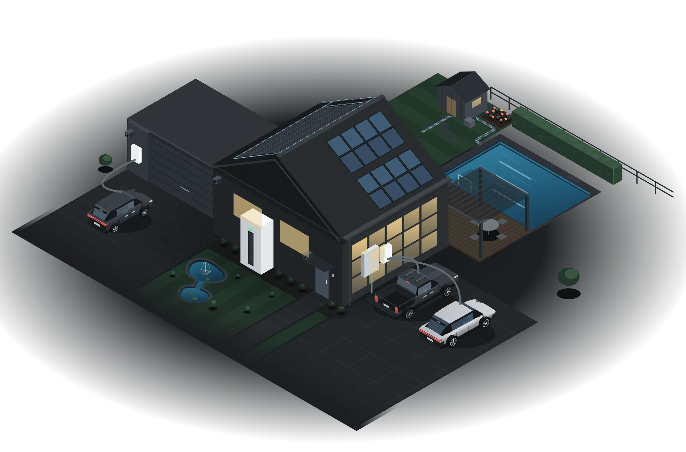 Illustration of a home with solar panels, a battery and an electric car.